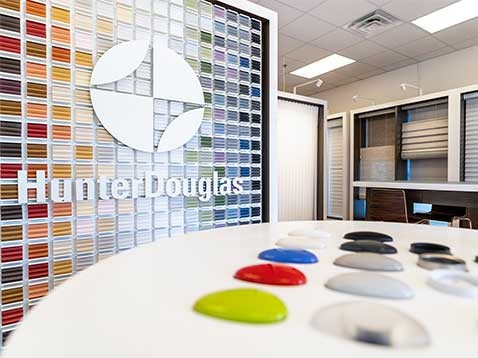 Store interior showcasing Hunter Douglas fabric samples